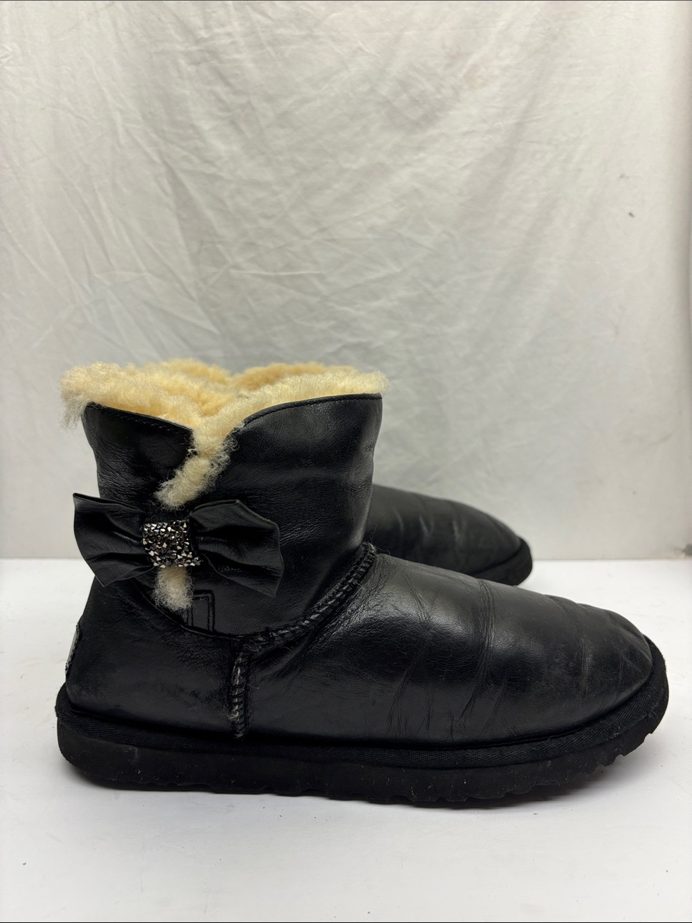 Women's Black Shearling-Lined Ankle Boots with Bow Accent, SZ 9, Box 2G